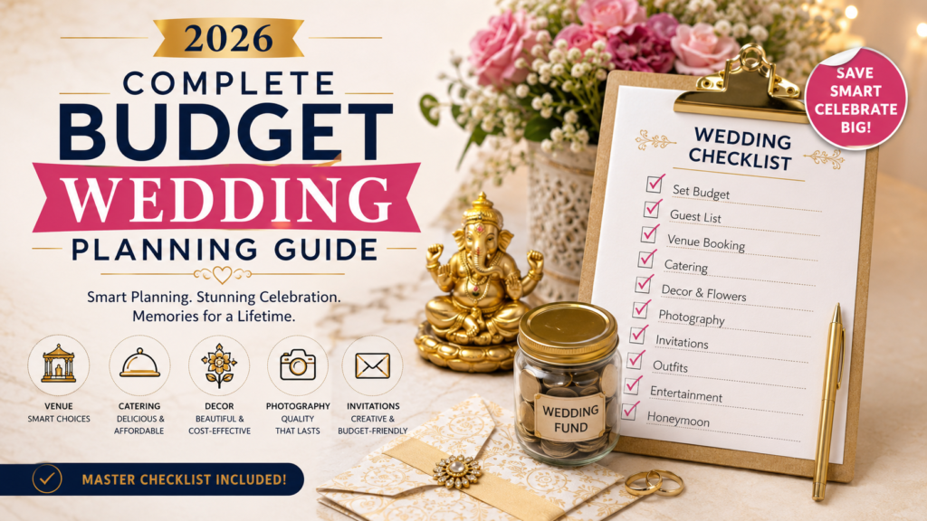 Budget wedding planning guide 2026 featuring affordable venue, catering, décor, photography, invitations, and wedding checklist.