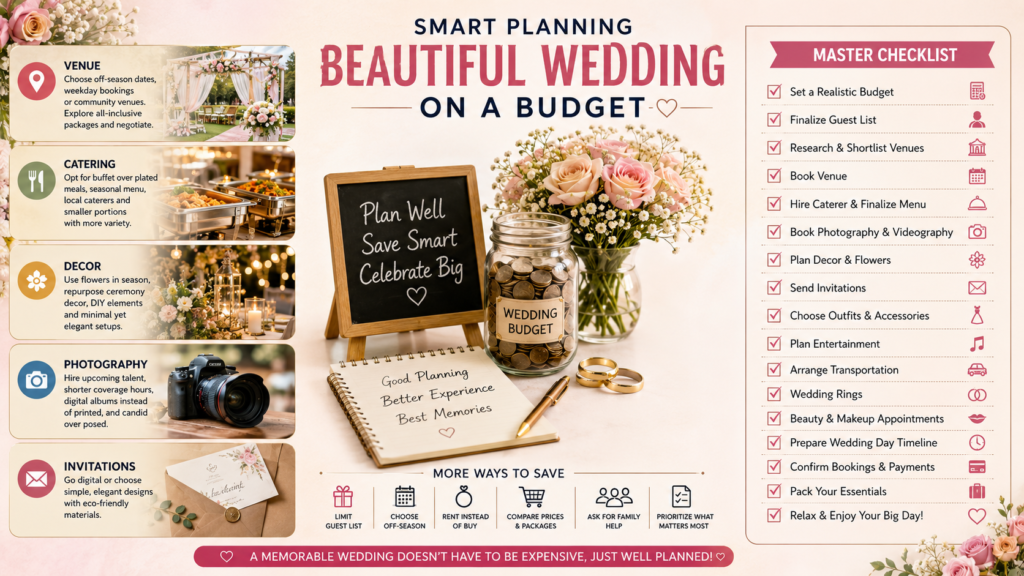 Landscape infographic showing budget wedding planning tips for 2026 including affordable venue, catering, décor, photography, invitations, and a complete wedding planning checklist.