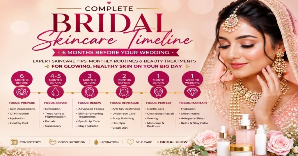 Bride with glowing skin showcasing a complete 6-month bridal skincare timeline featuring monthly skincare routines, beauty treatments, hydration, facials, and expert pre-wedding skincare tips