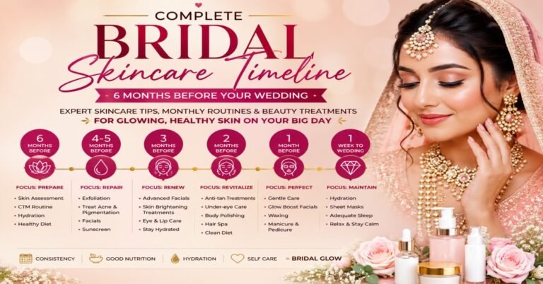Bride with glowing skin showcasing a complete 6-month bridal skincare timeline featuring monthly skincare routines, beauty treatments, hydration, facials, and expert pre-wedding skincare tips