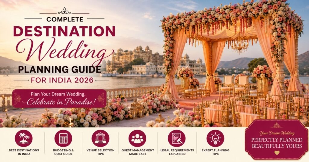Complete Destination Wedding Planning Guide India 2026 featuring a luxury palace wedding venue with floral mandap, lake view, budgeting, venue selection, and wedding planning.
