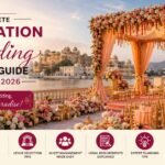 Complete Destination Wedding Planning Guide India 2026 featuring a luxury palace wedding venue with floral mandap, lake view, budgeting, venue selection, and wedding planning.