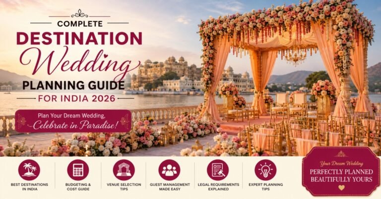 Complete Destination Wedding Planning Guide India 2026 featuring a luxury palace wedding venue with floral mandap, lake view, budgeting, venue selection, and wedding planning.