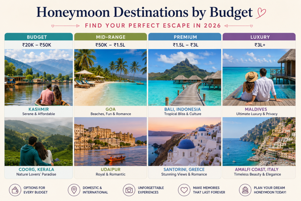 Infographic showing the best honeymoon destinations by budget for 2026, including Kashmir, Coorg, Goa, Udaipur, Bali, Santorini, Maldives, and the Amalfi Coast.