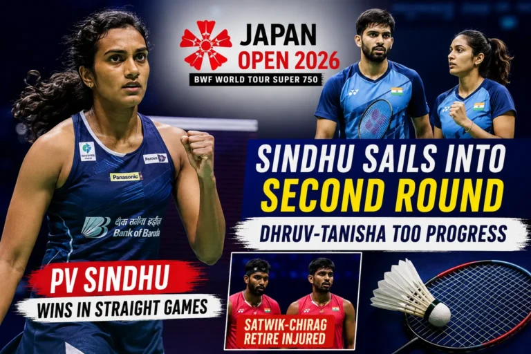 PV Sindhu celebrates after winning her first-round match at the Japan Open 2026 badminton tournament.