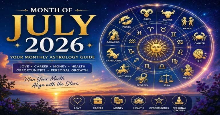July 2026 monthly horoscope featuring all 12 zodiac signs with astrology predictions for love, career, finance, health, relationships, and personal growth.