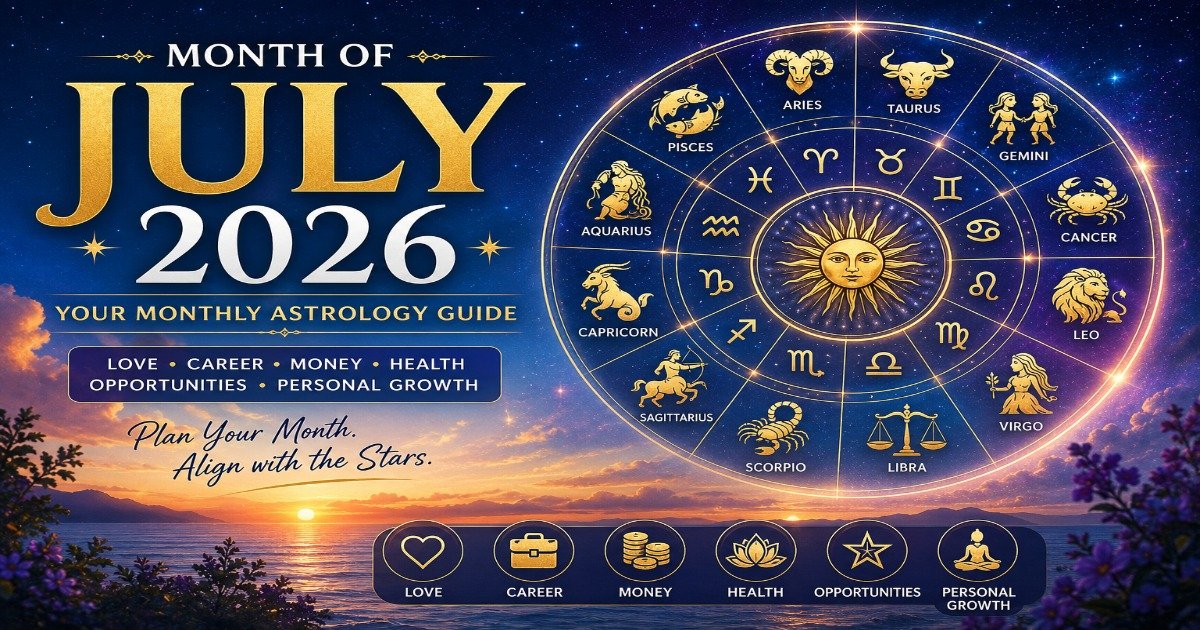 July 2026 monthly horoscope featuring all 12 zodiac signs with astrology predictions for love, career, finance, health, relationships, and personal growth.