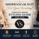Comparison of a groom wearing a traditional embroidered sherwani and a modern navy blue wedding suit, highlighting the complete groom styling guide for Indian weddings in 2026.