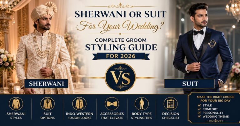 Comparison of a groom wearing a traditional embroidered sherwani and a modern navy blue wedding suit, highlighting the complete groom styling guide for Indian weddings in 2026.