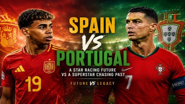Spain vs Portugal featured image showing Lamine Yamal and Cristiano Ronaldo ahead of the 2026 football showdown.