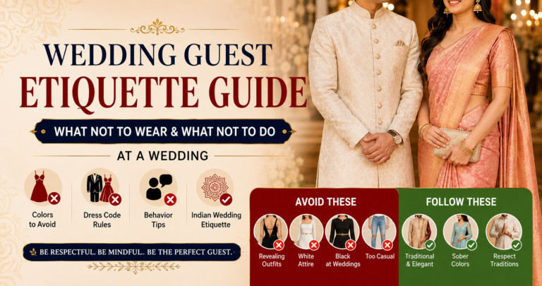 Elegant wedding guest etiquette guide for 2026 showing appropriate wedding guest outfits, colors to avoid, dress code rules, behavior tips, and Indian wedding etiquette in a luxury wedding venue.